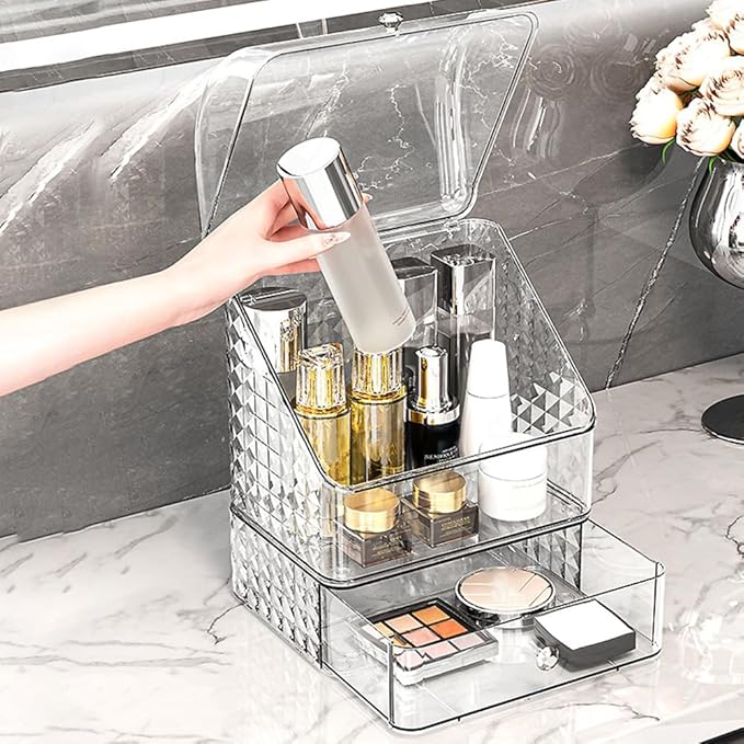 Large Clear Cosmetic Makeup Organizer with Lid, Desktop Cosmetics Box Tabletop Cosmetics Holder, Dresser Top Organizer Case for Cosmetics, Lotion, Beauty Product