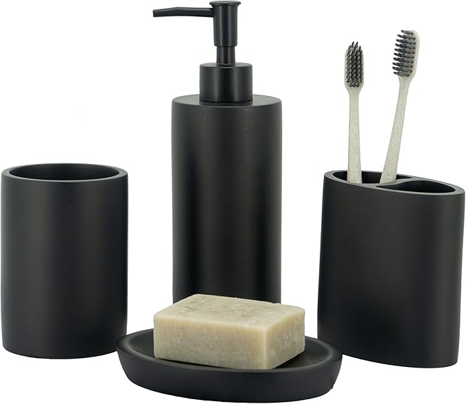 ZCCZ Bathroom Accessory Sets, 4 Pieces Bathroom Accessories Complete Set Vanity Countertop Accessory Set, Includes Lotion Dispenser Soap Pump, Toothbrush Holder and Tray (Matte Black Look Rounded)