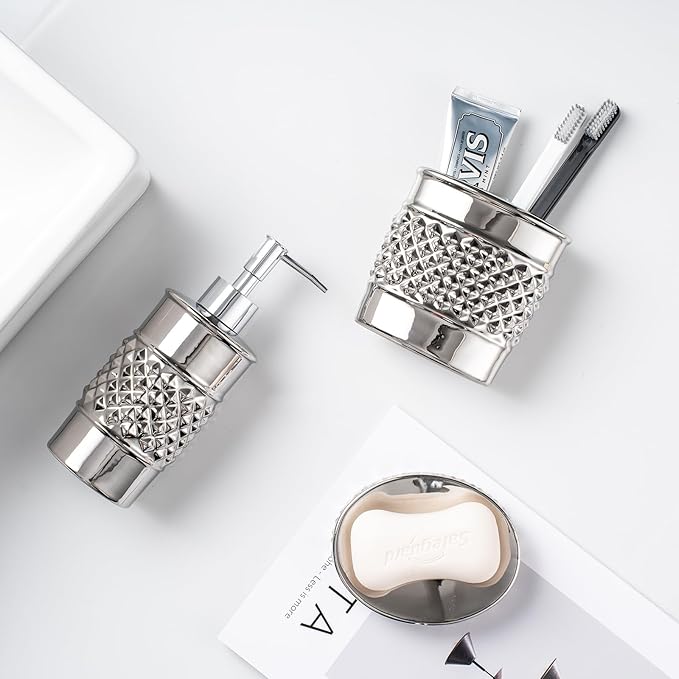 3-Piece Silver Ceramic Bathroom Accessories Set - Luxurious Soap Dispenser, Toothbrush Holder & Soap Dish with Modern Geo Embossed Design for Bathroom Accessory Set