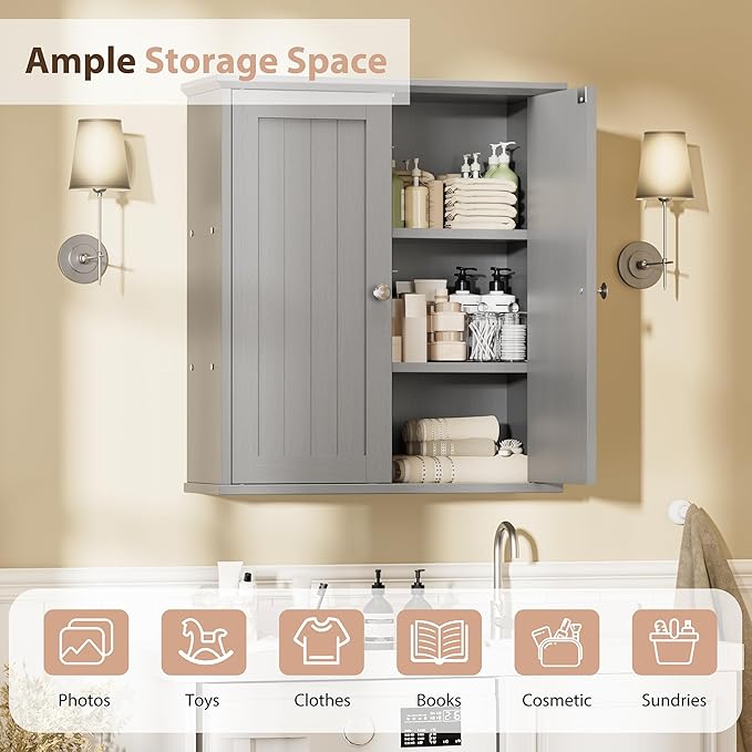 Walsunny Bathroom Medicine Cabinet Wall Mount with 2 Doors and 2 Shelves, Small Bathroom Cabinet Wooden Storage Cabinet Over Toilet Restroom Laundry Room Kitchen, Grey