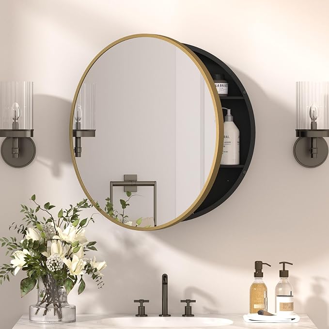 24 x 24 Inch Round Medicine Cabinet Mirror Gold,Circular Bathroom Mirror with Storage Wall Mounted,Metal Framed Medicine Cabinets with Tempered Glass Adjustable Shelves for Bathroom Vanity