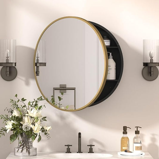 24 x 24 Inch Round Medicine Cabinet Mirror Gold,Circular Bathroom Mirror with Storage Wall Mounted,Metal Framed Medicine Cabinets with Tempered Glass Adjustable Shelves for Bathroom Vanity