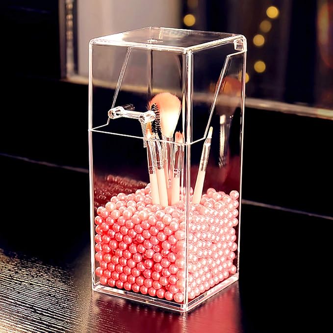 Makeup Brush Holder With Lid Cosmetic Brush Organizer Display Case Dustproof Cosmetics Brush Storage Container with Free Pearls