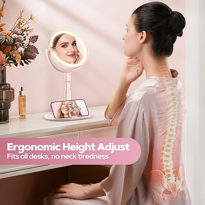 MOMOKUBA Makeup Mirror with Lights, 30X Magnifying & Height Adjustable, Lighted Magnifying Mirror with 3 Light Modes and Stepless Dimming, Vanity Mirrors for Bathroom, Birthday Gift for Women, Pink