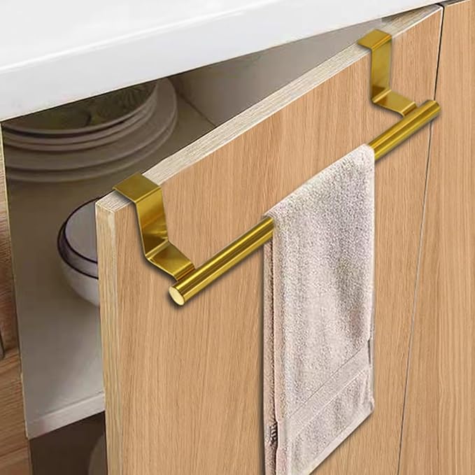 2 Pack 9 Inch Towel Holder, Gold Bathroom Towel Bar Stainless Steel Hand Towel Rack, Over Cabinet Door Towel Bar for Kitchen Bathroom