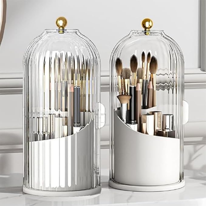 Makeup Brush Holder with Cover, Clear Dustproof Cosmetics Display Case, 360° Rotating Countertop Brushes Organizer for Bathroom Vanity Countertop (White)