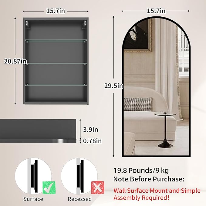 FKWin Arched Medicine Cabinet with Mirror,Bathroom Mirror with Storage,Aluminum Alloy Bathroom Cabinet,Modern Wall Mounted Medicine Cabinet with 3 Adjustable Shelves,Not Recessed, 29.5"x15.7",Black