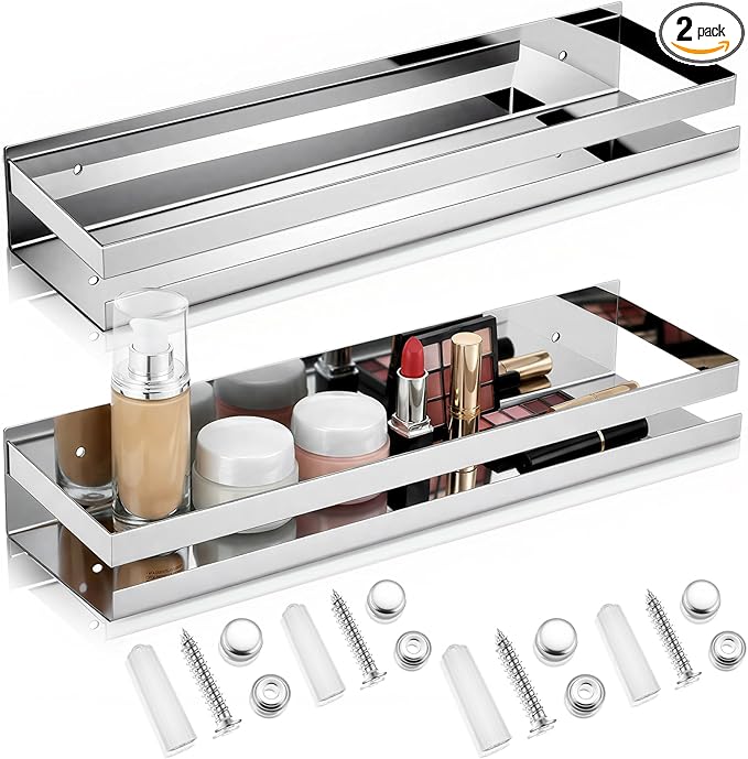 Lallisa 2 Pieces Stainless Steel Shelf Bathroom Shower Floating Shelves Wall Mounted Shower Caddy Basket Shelf Storage Organizer Shelves for Bathroom, Kitchen, Living Room (15.75 Inch/ 40 cm,Shiny)