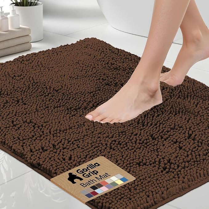 GORILLA GRIP Bath Rug Mat 60x24, Thick Soft Absorbent Chenille, Quick Dry Microfiber Mats, Rubber Backing Washable Shower Floor Rugs, Bathmat Runner, US Designed Bathroom Home Decor Accessories Brown