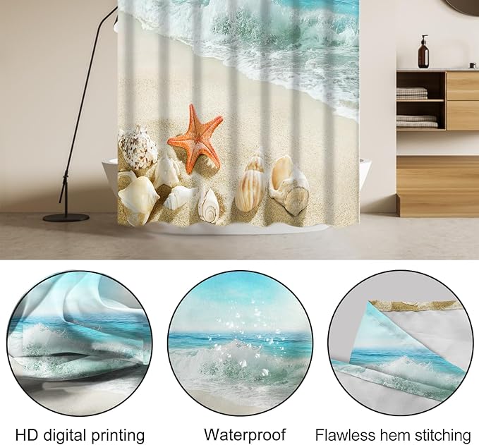 Lnond 4Pcs Summer Beach Bathroom Shower Curtain Sets with Rugs, Sand Starfish Seashell Bathroom Sets with Shower Curtain and Rugs and Accessories