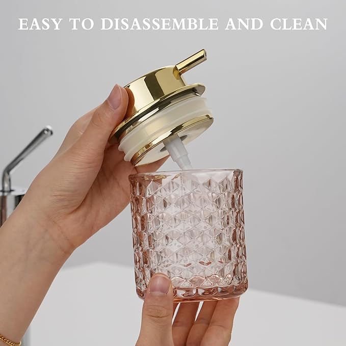 CICUFY Hand Soap Dispenser Glass, Refillable Liquid Dispenser for Bathroom & Kitchen,Lotion Dispenser with Large Gold Pump（Diamond Pattern-Pink）