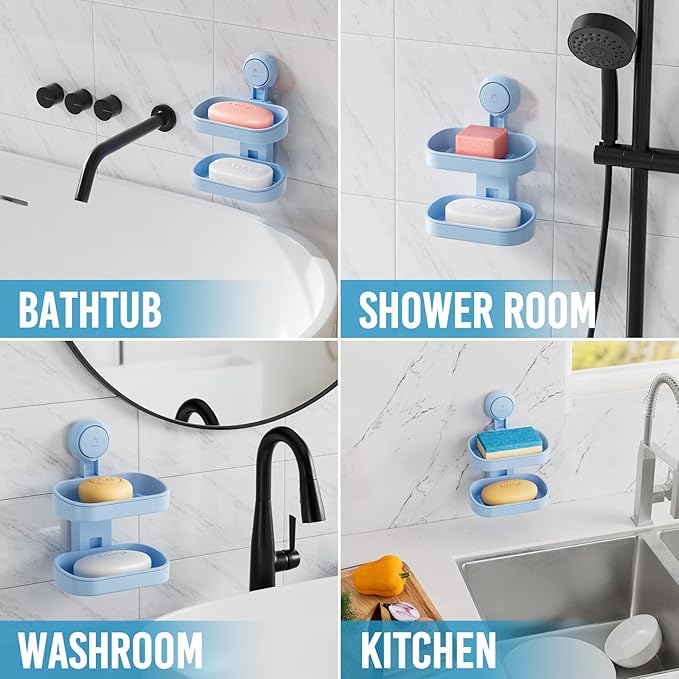 TAILI Soap Holder Soap Dish for Shower, Suction Cup Soap Holder for Shower Wall, Bathroom Accessories, Removable Strong Hold Soap Saver, Drill Free Double Soap Dish, Blue 2 Layer