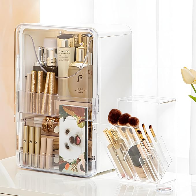 Makeup Brush Organizer With Lid,Thickened Acrylic Brush Holder Dust Proof，Easy To Take,Makeup Brush Storage For Vanity Suitable For Shanks Less Than 0.78 In