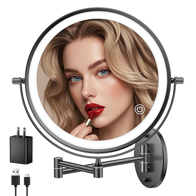FUNTOUCH 5000mAh Rechargeable Wall Mounted Makeup Mirror with Lights, 8.7" Double Sided 1X/30X Magnifying Mirror with Dimmable 3 Color Light, Extended Swing Arm 360° Wall Mount Bathroom Mirror, Black