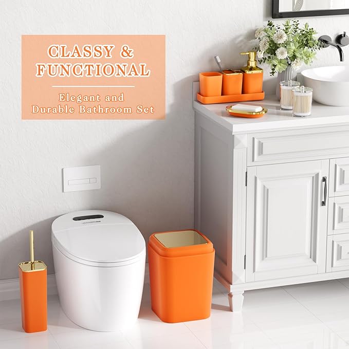 XLHOMO Orange Bathroom Accessories Set, Orange and Gold Bathroom Accessories with Trash Can, Soap Dispenser, Soap Dish, Toothbrush Holder and Q-tip Holders
