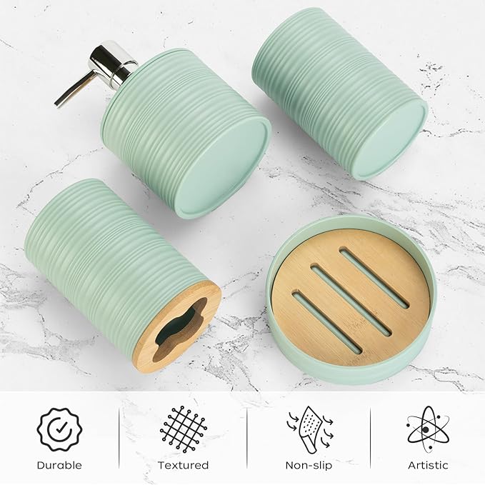 4 PCS Sage Green Bathroom Accessories Set, Includes a Soap Dispenser, Toothbrush Holder, Soap Dish and Mouthwash Cup, Plastics & Bamboo Bathroom Set, Bohemian Style Bathroom Sink Set