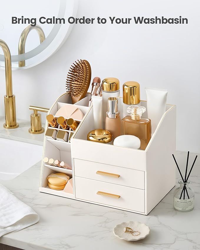 Lolalet Makeup Organizer with Drawers, PU Leather Spacious Skincare Holder Lipsticks Perfume Brushes Beauty Essentials Display Case for Vanity Dresser Countertop Bathroom Easy to Clean -Cream