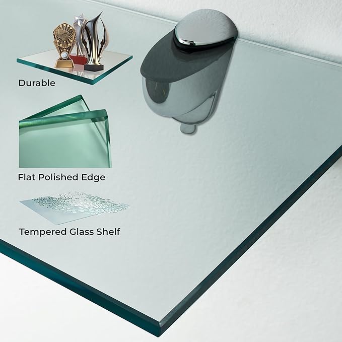 Trophy Glass Shelf 8x8 inch - 3/8 Inch Thick Clear Floating Shelf with 2 Free Chrome Brackets and Screws for Displaying Trophies, Awards, Pictures Frames, Paintings and Decoration Items