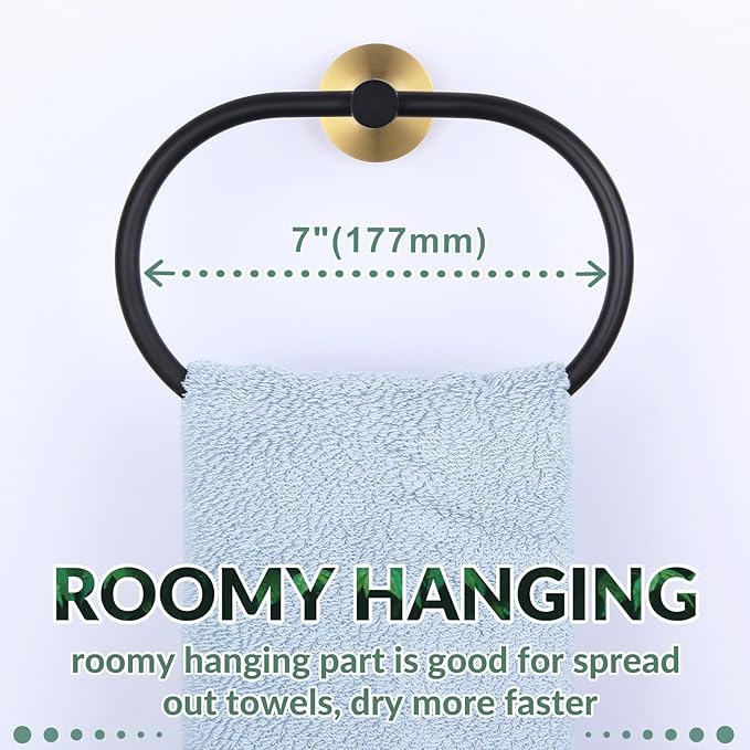APLusee Black Gold Hand Towel Ring, Stainless Steel Hand Towel Holder for Bathroom Wall Mounted