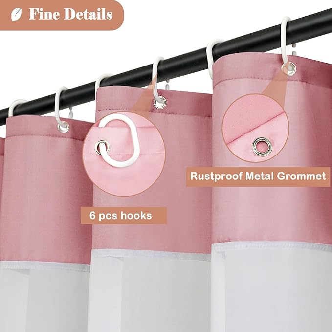 UFRIDAY 72x78 Inch Shower Curtain Pink with Mesh Window, Machine Washable Water Resistant Bathroom Curtains Grommet Shower Curtain Set with 12 Hooks