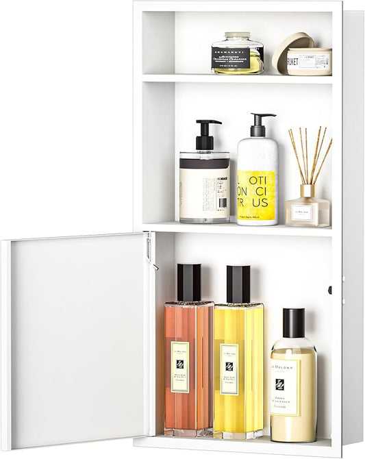 Recessed Medicine Cabinet with Door 24" X 12" White Wall Medicine Cabinets with 3-Tier Shelf 304 Stainless Steel Niche Shower for Bathroom Storage