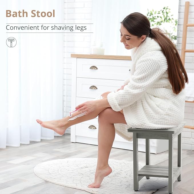 LUE BONA HDPS Shower Benches for Inside Shower, Gray Shower Stool for Shaving Legs with Shelf, Waterproof Shower Chair Seat for Spa Bathroom, Weather Resistant/Non-Slip/Handles/Indoor or Outdoor Use