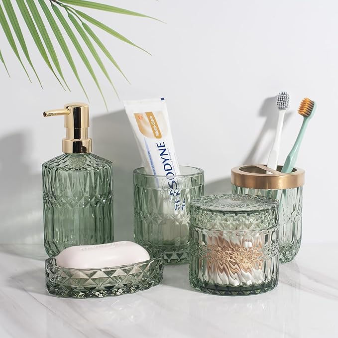IVAILEX 5PCS Green Glass Bathroom Accessories Sets of Lotion Dispenser, Soap Dish, Toothbrush Holder, Tumbler, Cotton Swab Jars, Modern Bath Decor, Vintage Gift