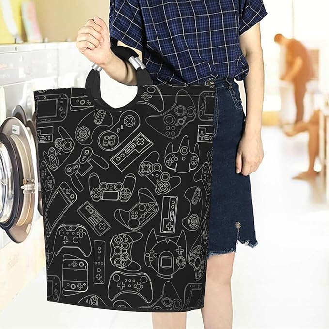 Video Game Controller Black Background Large Laundry Hamper Gaming Theme Storage Basket Toys Clothes Organizer Bin For Home Bathroom Bedroom Dorm Nursery, 60l