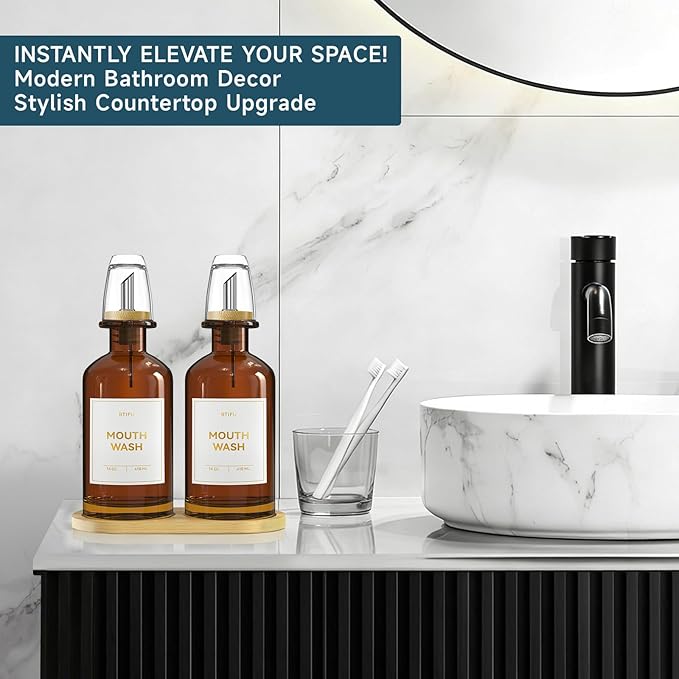 2PCS Amber Glass Mouthwash Dispenser for Bathroom Countertop – 14oz/410ml Refillable Mouthwash Bottle with Stainless Steel Pour Spout & Bamboo Tray, Modern Decor for Office, Airbnb, Gym (Amber)