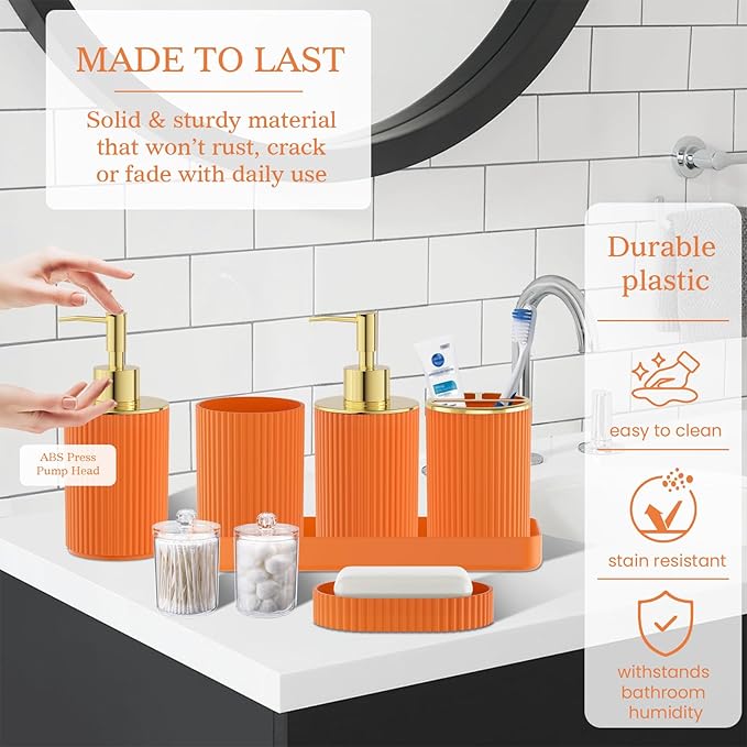 Orange Bathroom Accessories Set - Bathroom Sets, 25PC Bath Accessory Set, Bathroom Sets with Push Top Trash Can, Shower Curtain and Rugs, Toilet Brush, Trash Can & Soap Dispenser