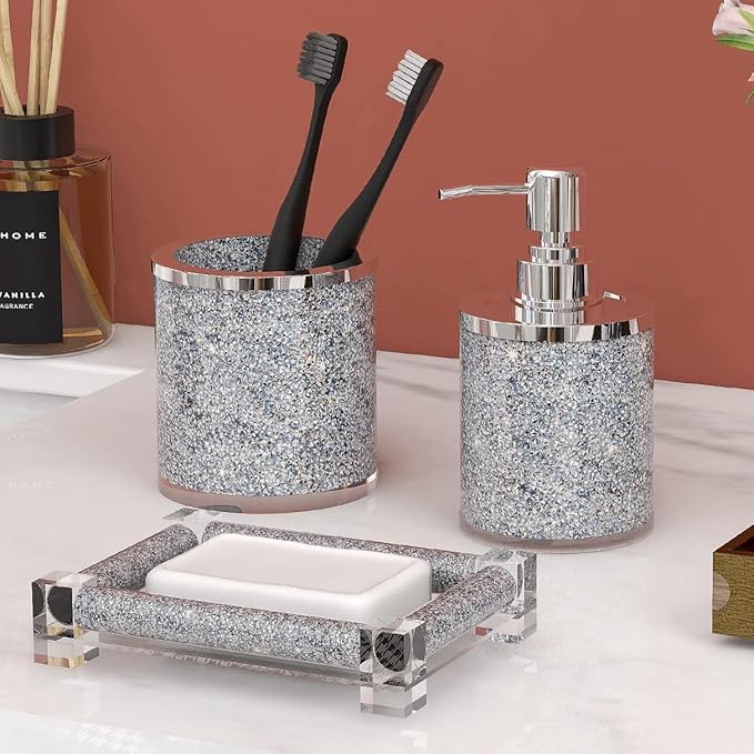 SHYFOY Bathroom Accessories Set, 3 Piece Silver Crystal Crushed Diamond Bathroom Accessory Decor Sets, Glass Bath Restroom Set Vanity Organizer Includes Soap Dispenser, Toothbrush Holder, Soap Dish
