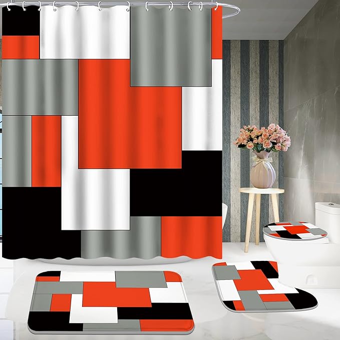 Poedist 4 Pcs Bathroom Decor Shower Curtain Set with Rugs and Accessories,Red and Black Geometric Squares Shower Curtain Sets Include Bath Mat,U Shape and Toilet Lid Cover Mat,with 12 Durable Hooks