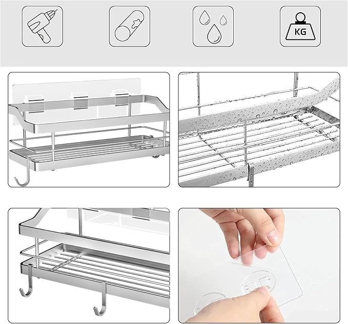 Carwiner Shower Caddy Bathroom Shelf 2-Pack, Basket with 8 Hooks for Hanging Shampoo Conditioner, SUS304 Stainless Steel Rack Wall Mounted Storage Organizer for Kitchen, No Drilling