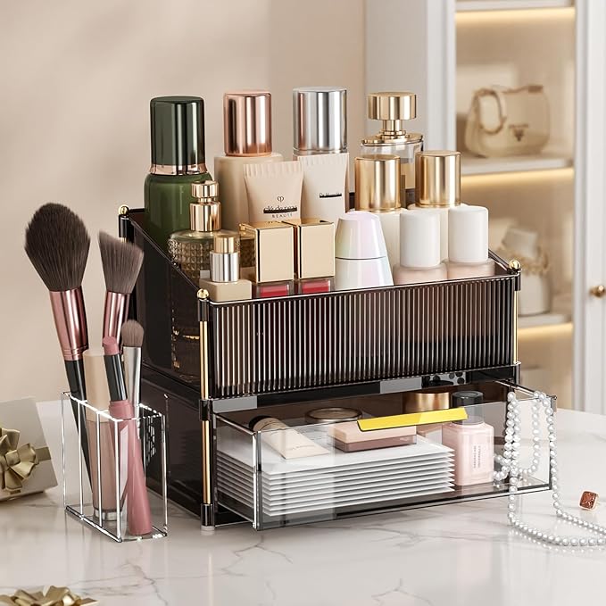 INVSSENE Stackable Makeup Organizer Countertop, Storage Perfume Skincare Cosmetic Lipstick Face Mask Makeup Brush Palettes, Ideal for Vanity Bathroom Counter