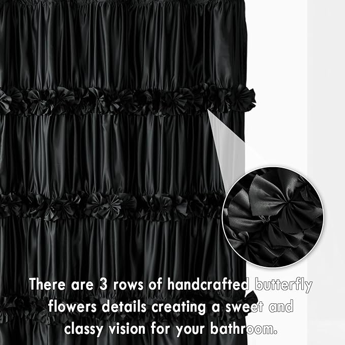 Black Ruffle Shower Curtain, Vintage Handcrafted Bow Tie Bath Curtain for Master Bathroom, Ruched Satin Bathroom Curtain with 12 Buttonholes, 72" W x 84" H (LQ-10)