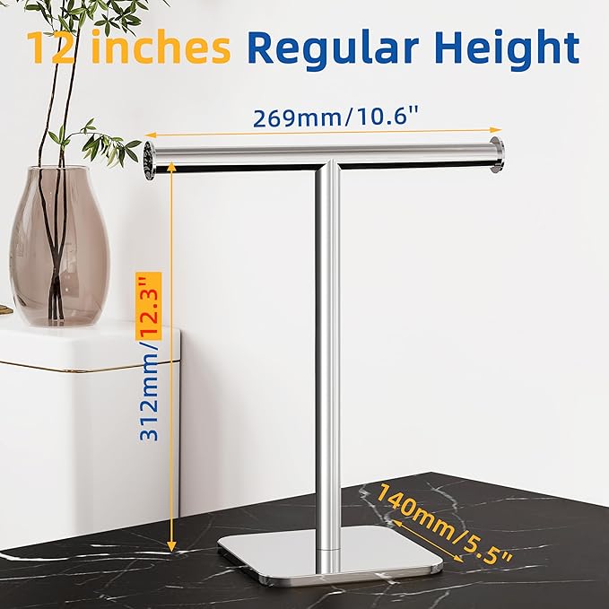 RUACQ T-Shape Hand Towel Holder Stand, Weighted Base Towel Rack, 12" Countertop Towel Holder for Bathroom, 304 Stainless Steel, Heavy Duty (Chrome, 2 Pack)