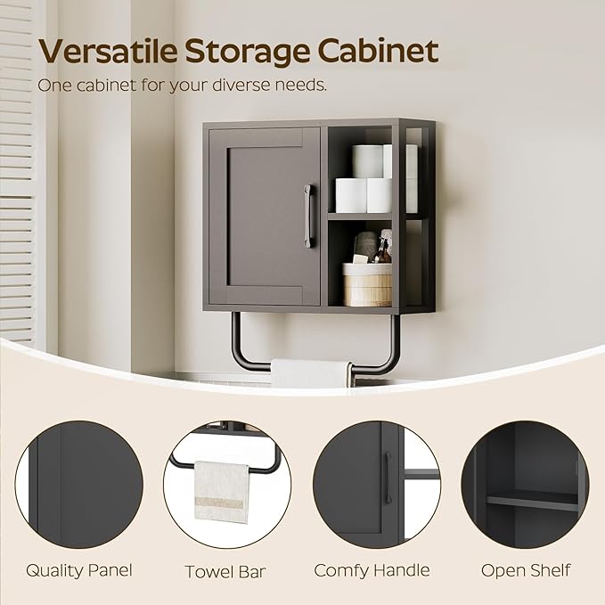 YATINEY Medicine Cabinet, Bathroom Wall Cabinet with Towel Bar, Adjustable Shelf and Open Partition, Over The Toilet Storage Cabinet, for Bathroom, Laundry Room, Living Room, Kitchen, Black