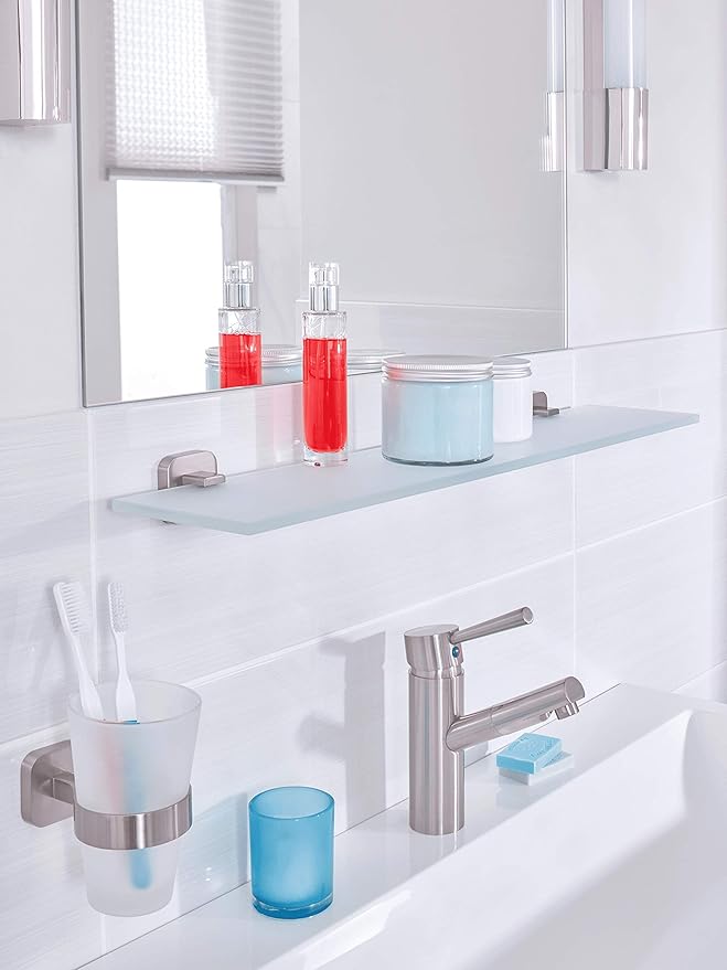 tesa ESTEETIC Glass Shelf - Self-Adhesive Frosted Glass Shelf for Bathroom Utensils - Waterproof, incl. Power.Kit Adhesive Solution - 50 mm x 600 mm x 123 mm