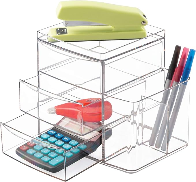 iDesign Clarity Cosmetic Organizer for Vanity Cabinet to Hold Makeup, Brushes, Beauty Products - 3 Drawers and Caddy, Clear
