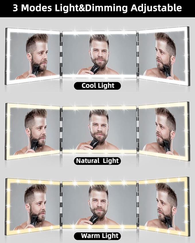 Vanexiss Rechargeable 3 Way Mirror for Self Hair Cutting-to See Back of Head, Trifold Mirror with 8 Light Strips & Telescoping Hooks for Makeup, Shaving & Styling