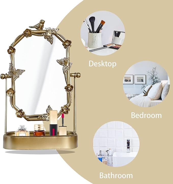 HSDDHOME Vintage Gold Tabletop Makeup Mirror, Bird & Butterfly Decorative Vanity Mirror, 12.8” x 8.2” Retro Metal Standing Mirror for Dresser, Bedroom, and Bathroom