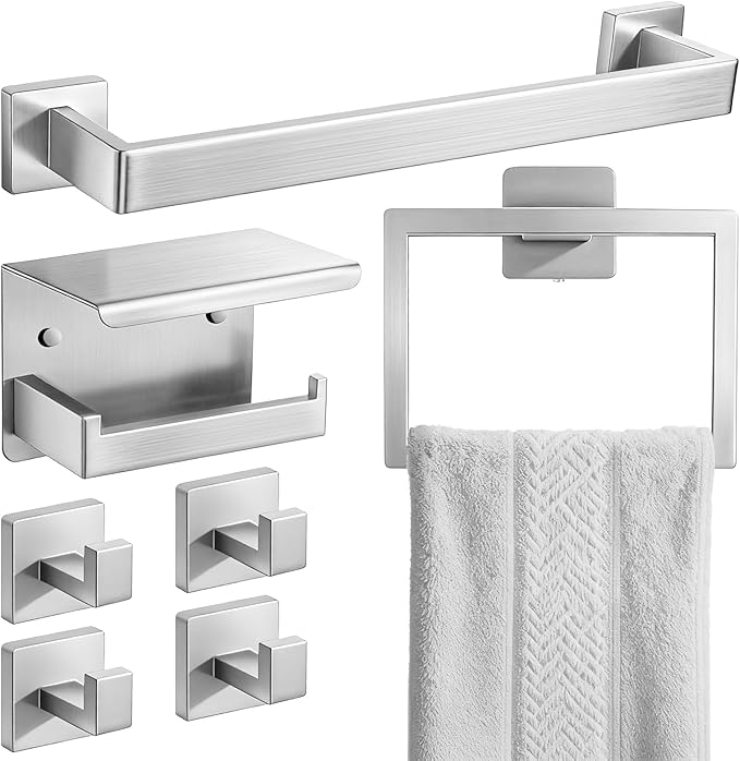 Brushed Nickel Bathroom Accessories Hardware Set, 7-Pieces Stainless Steel Towel Racks for Bathroom, 16 Inch Towel Bar, Towel Holders, Updated Toilet Paper Holder with Shelf Wall Mounted