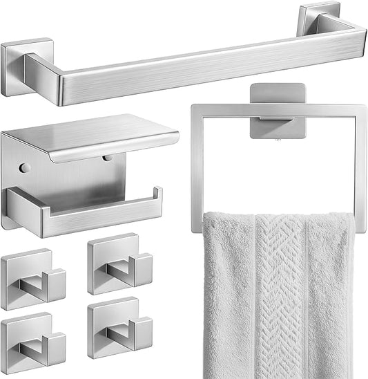Brushed Nickel Bathroom Accessories Hardware Set, 7-Pieces Stainless Steel Towel Racks for Bathroom, 16 Inch Towel Bar, Towel Holders, Updated Toilet Paper Holder with Shelf Wall Mounted