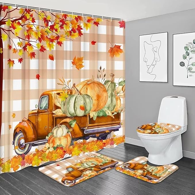 NBVKO 4PCS Fall Thanksgiving Day Shower Curtain，Autumn Pumpkin Truck Bathroom Shower Curtain Set with Non-Slip Rug Toilet Lid Cover Bath Mat 12 Hooks，Orange Maple Leaf Bathroom Decor Accessory Set