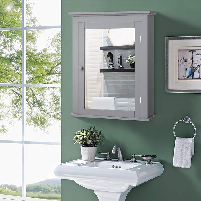 Tangkula Bathroom Cabinet with Mirror, Mirrored Wall-Mounted Storage Medicine Cabinet w/Single Door & Adjustable Shelf in 5 Positions, Multipurpose Wall Cabinet for Bathroom (Gray)