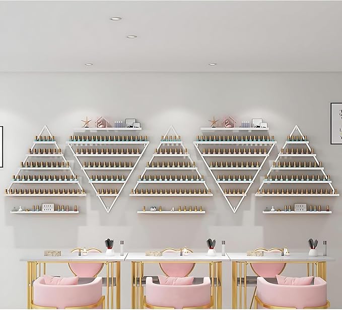 Wall-Mounted Nail Polish Rack, Set of 10 Triangular Gold Nail Polish Shelf 5-Tier Lipstick Perfume Cosmetic Display Shelf for Home Spa Nail Salon Shop