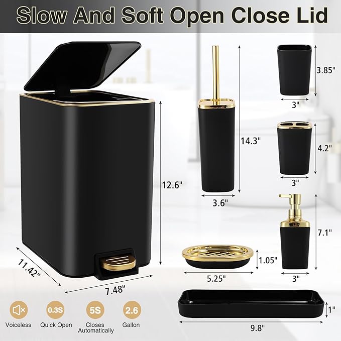XLHOMO Black Bathroom Accessories 8 Piece Black and Gold Bathroom Set, Bathroom Accessories with Stainless Steel Bathroom Trash Can,Toilet Brush,Toothbrush Set,Soap Dispenser