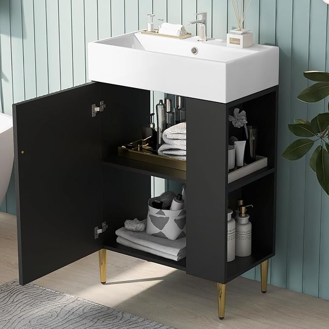 Virubi 21.6 in Small Bathroom Vanity with Sink,Doors and Storage Shelves,Wood Modern Single Fluted Bathroom Sink Cabinet Freestanding (Black,Right Shelf)