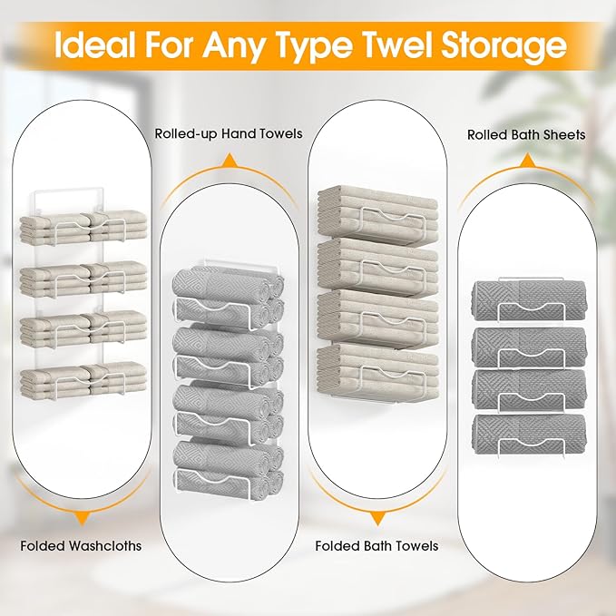 Towel Racks for Bathroom,Towel Rack Wall Mounted, 6 Tier Rolled Or Folded Towel Holder with Floating Shelves, Bathroom Towel Holder for Bath, Hand Towels,Metal,Full White