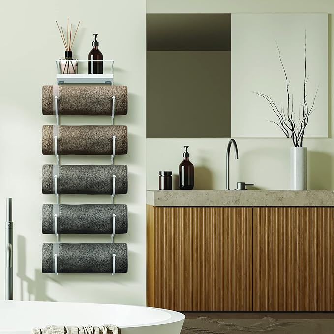 Sorbus Bathroom Towel Holder - 5 Tier Metal Towel Rack with Wood Shelf for Rolled Bath Towels, Washcloths, Linens, Hand Towels, Soaps & Accessories - Wall Mounted Towel Rack for Bathroom Towel Storage